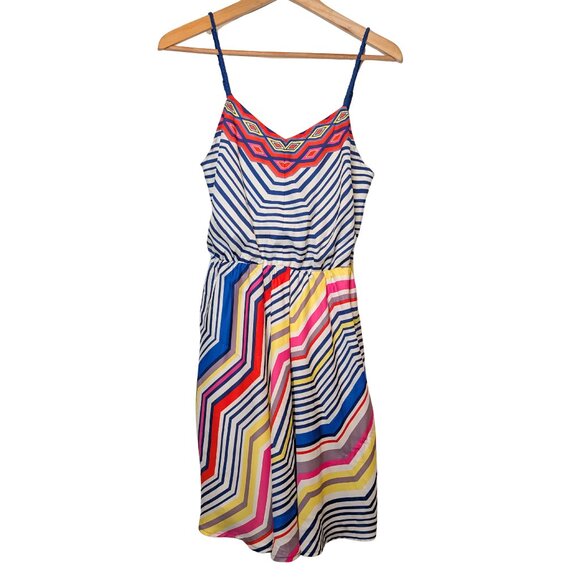 LC Lauren Conrad Womens Mini Dress Size 4 V Neck Sleeveless colorful Striped - Picture 1 of 8